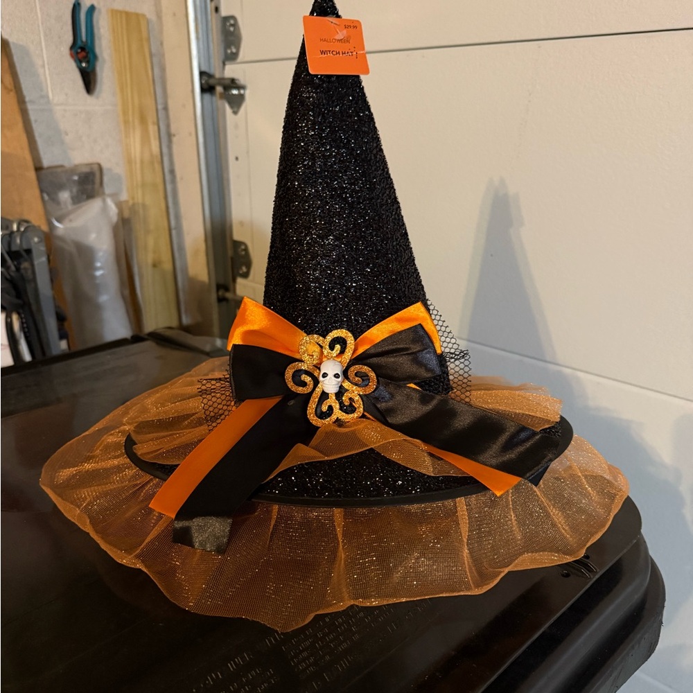 Sparkling Black and Orange Witch Hat with Bow
